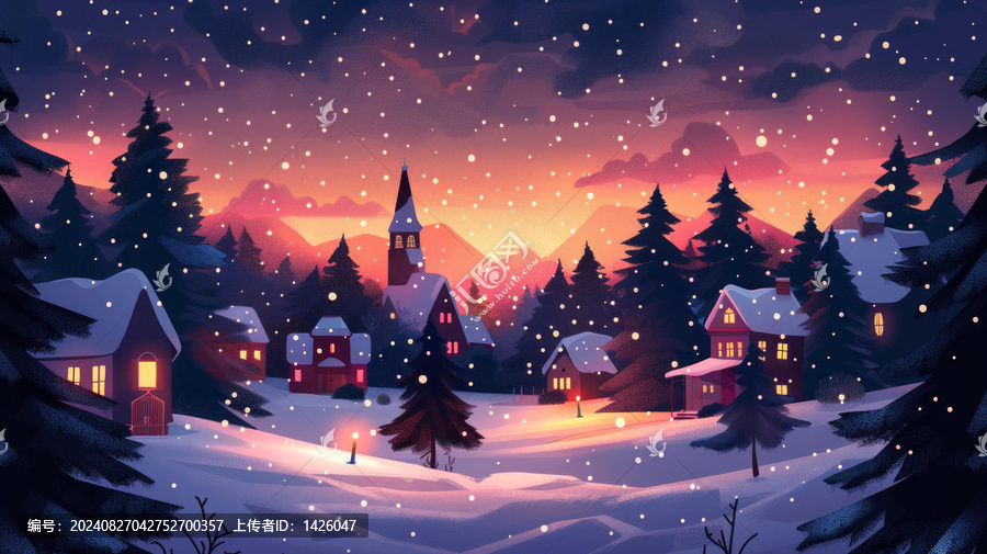 寧靜的冬夜雪景村莊