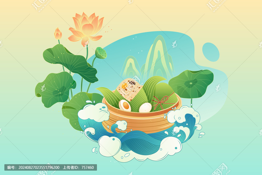 端午節(jié)粽子荷花國(guó)潮插畫
