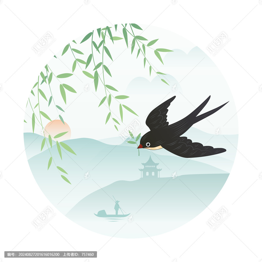 燕子柳樹白色背景插畫