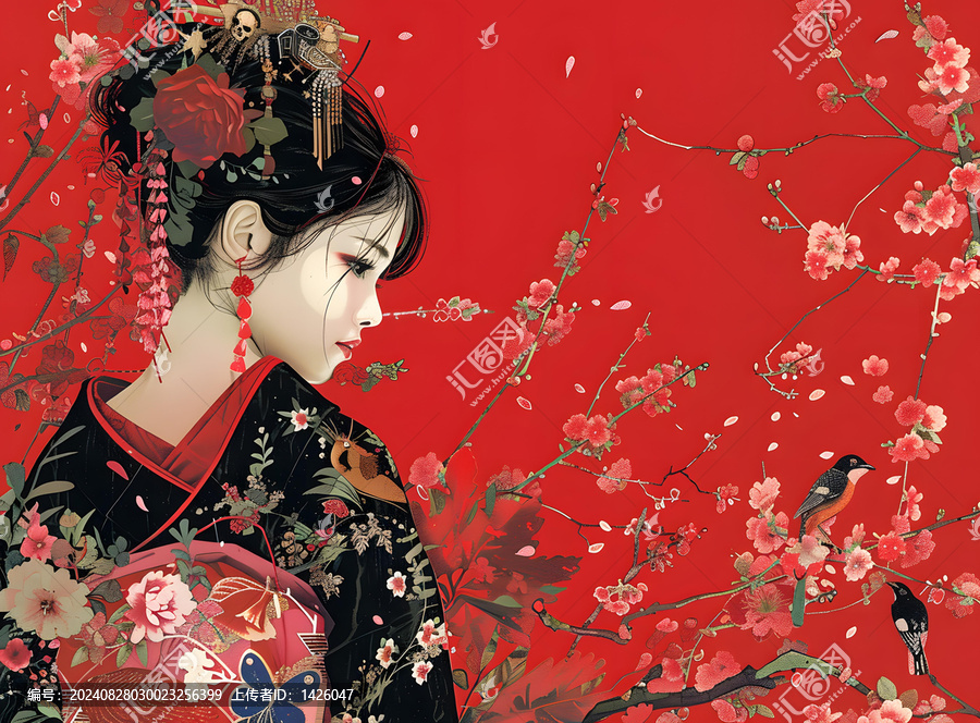 身著和服的美麗日本女性與櫻花