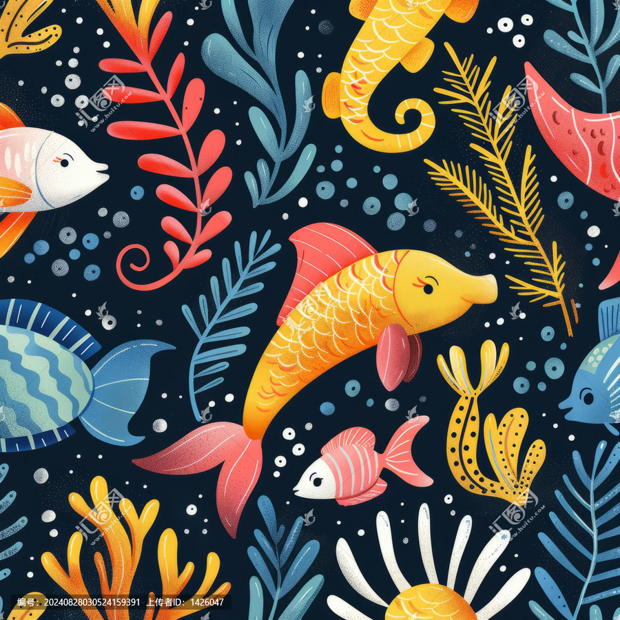 五彩斑斕的魚和植物插圖