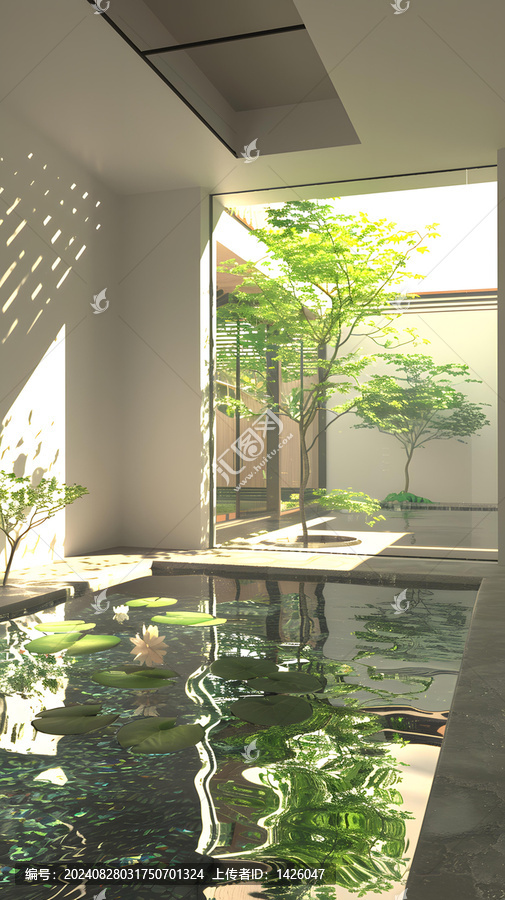 現(xiàn)代極簡主義室內(nèi)設(shè)計(jì)，帶水景和花園景觀