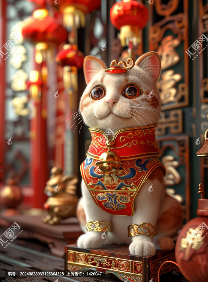 身著中國傳統(tǒng)服飾的可愛貓咪坐在木質(zhì)桌子上