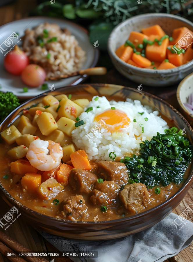 日式咖喱飯配煎蛋，蝦和蔬菜