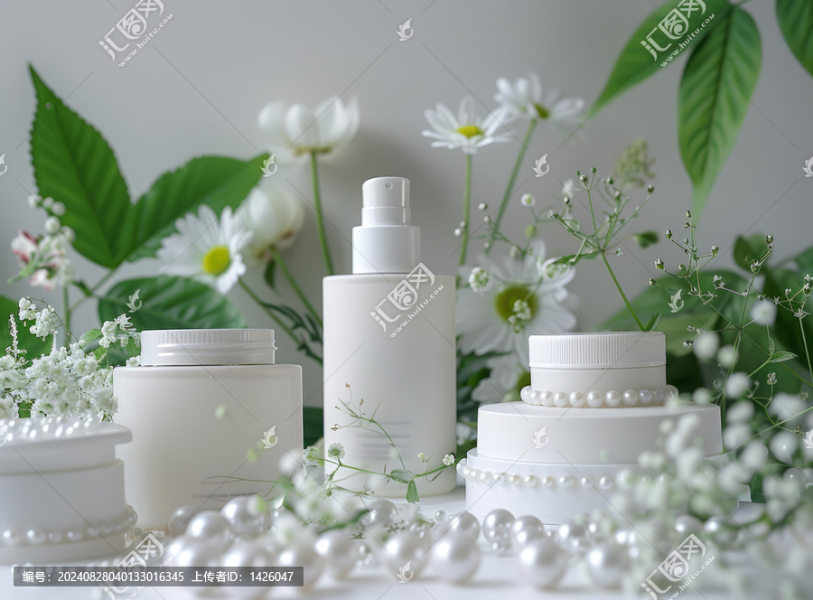 白色背景上的白色化妝品瓶雛菊花和綠葉