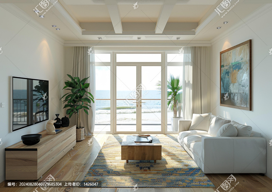 現(xiàn)代客廳室內(nèi)設(shè)計，可欣賞海景