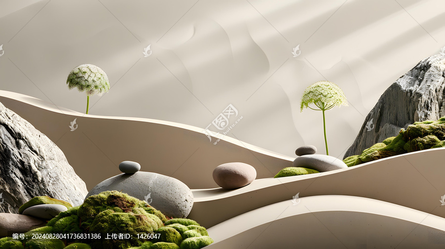 抽象簡約自然場景，石頭和植物