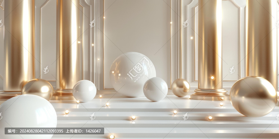 白色和金色房間里3d渲染的球體