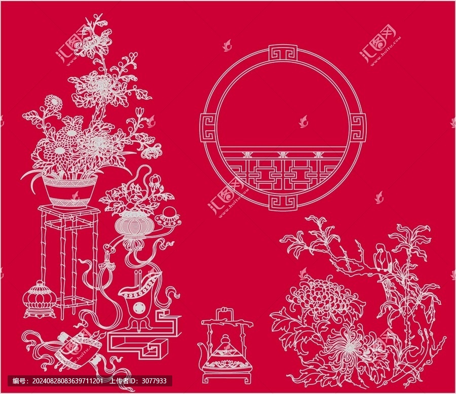 古風(fēng)中秋菊花圓形漏窗圖