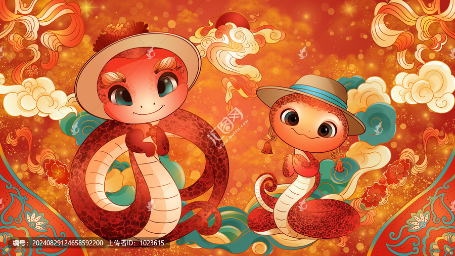 蛇年生肖親子形象過年主題插畫