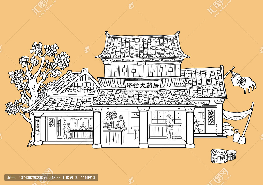 古代店鋪街景集市線描