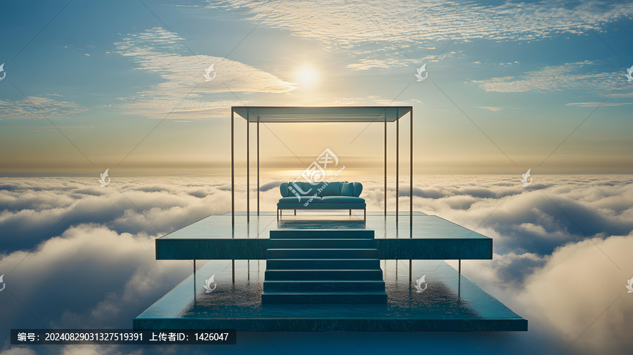 云端上的藍(lán)色沙發(fā)與夕陽(yáng)