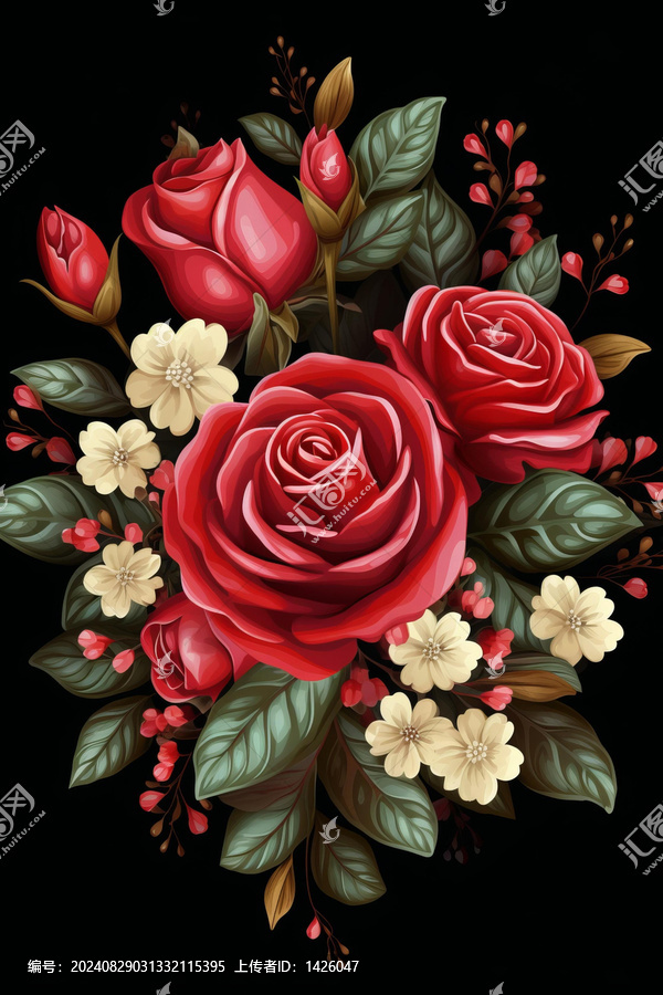 一束紅玫瑰和白花綠葉在黑色背景上