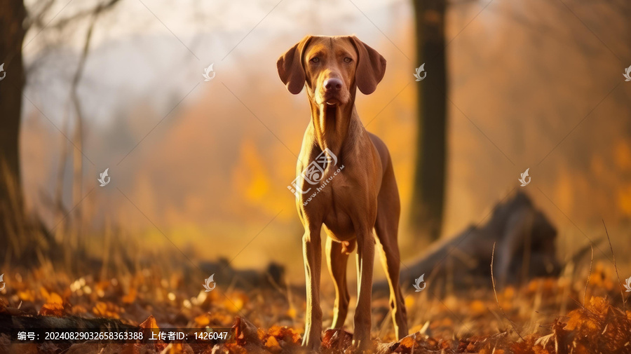 一只維茲拉獵犬站在落葉遍地的田野里