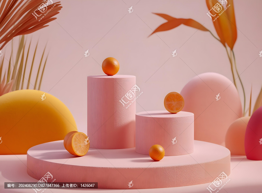 橙子水果粉色圓柱平臺極簡3D渲染