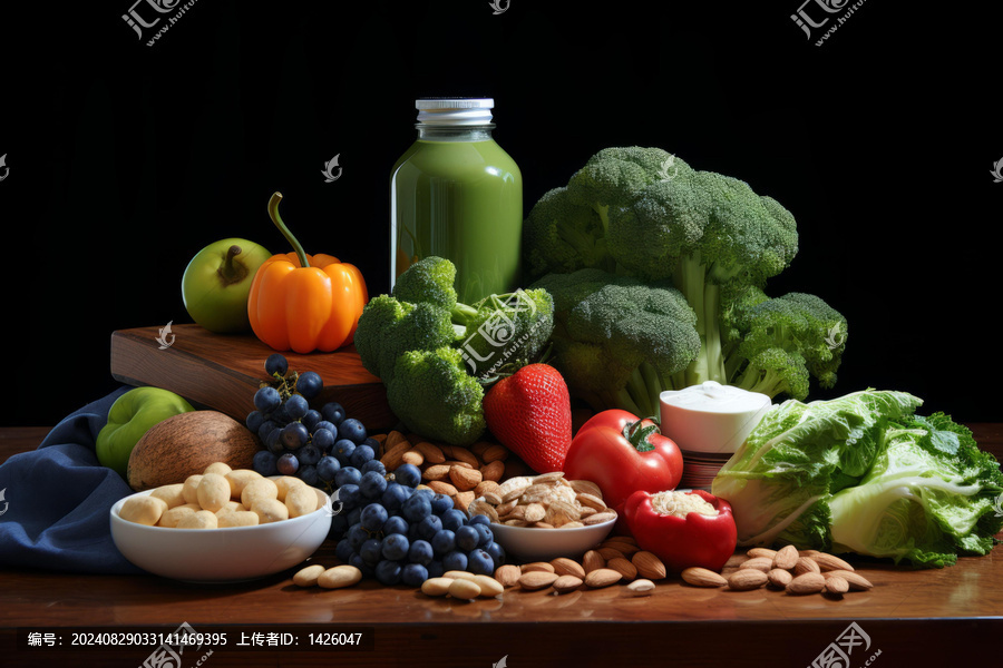 各種健康食品被擺放在木質(zhì)桌子上