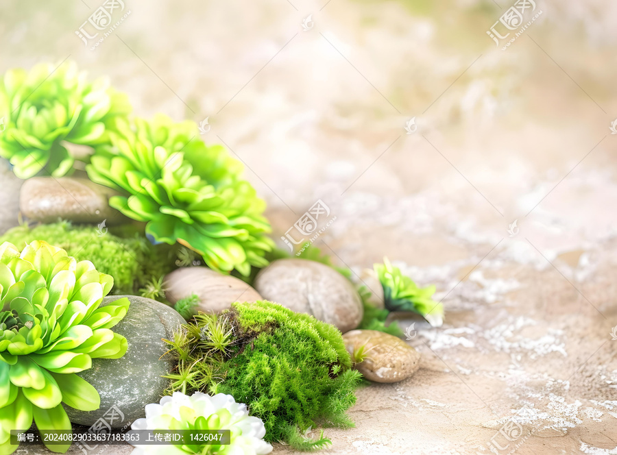 綠色的花朵和石頭在自然背景上