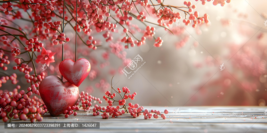 兩顆紅心掛在綴有紅漿果的樹枝上