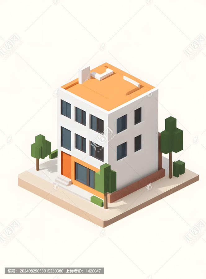 低多邊形現(xiàn)代建筑橙色屋頂綠樹
