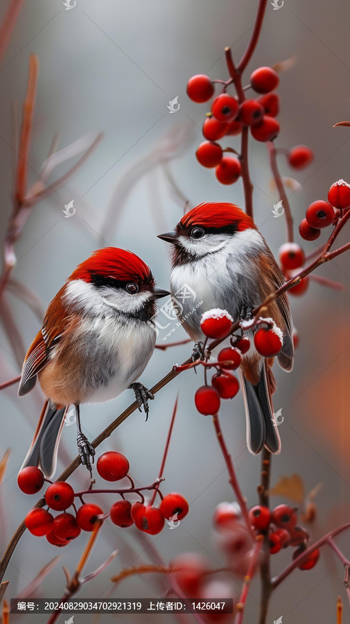 兩只鳥在結滿紅漿果的樹枝上