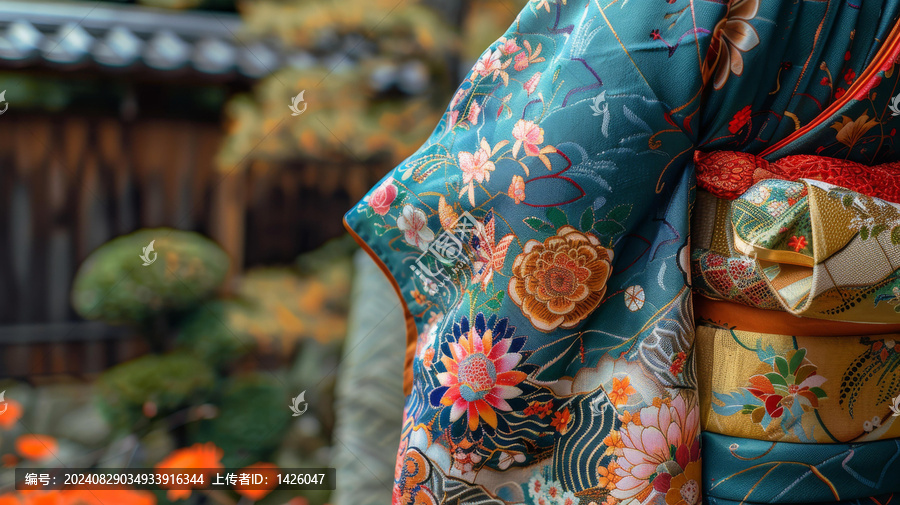 一件帶花卉圖案的和服的特寫