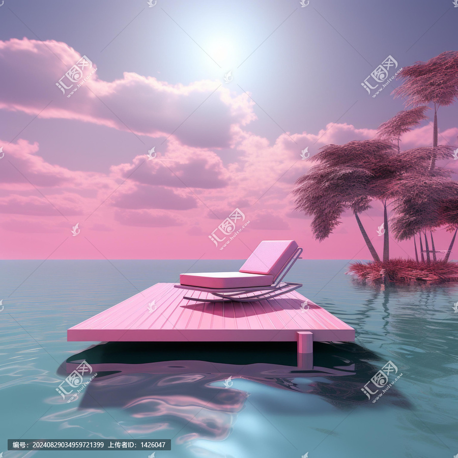 粉色的夢(mèng)幻海景浮動(dòng)碼頭和休閑躺椅