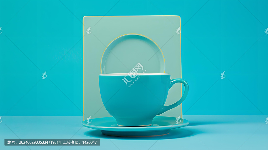 青綠色陶瓷咖啡杯和碟子在青綠色背景上