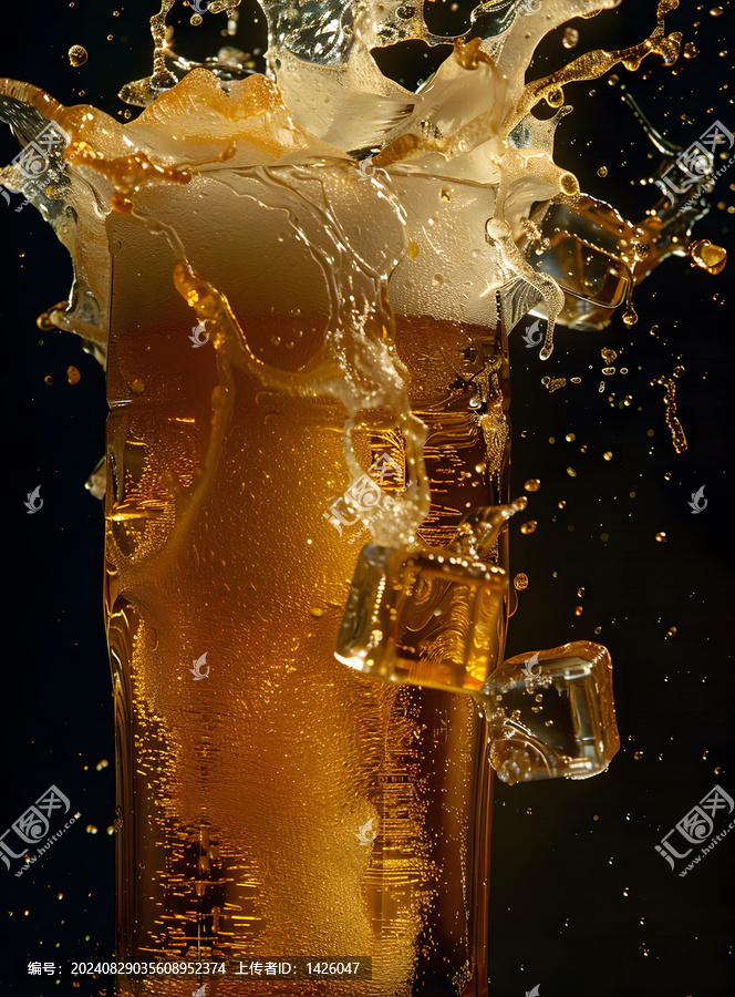 冰塊飛濺的啤酒杯