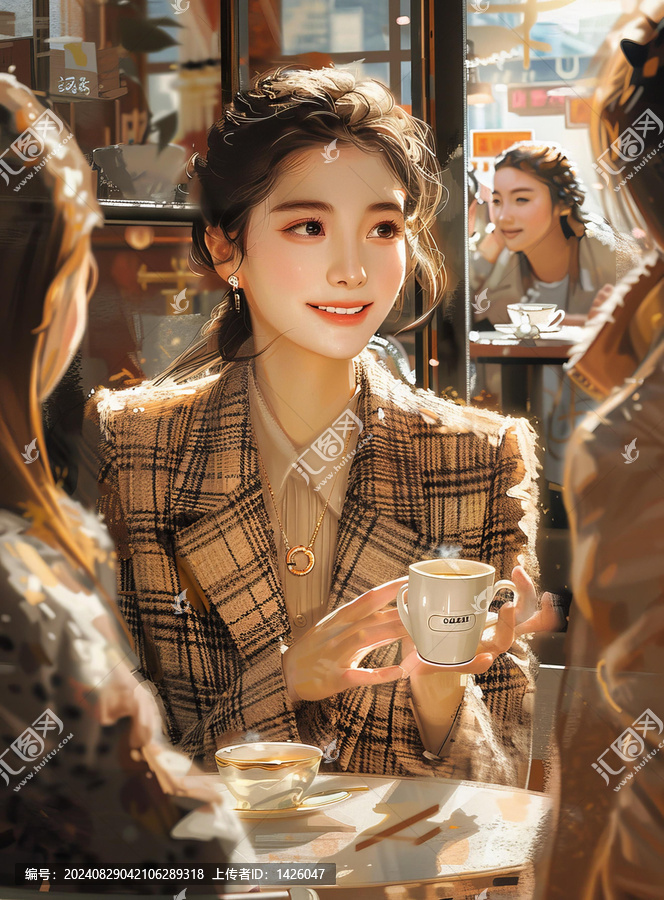 一個(gè)亞洲女性坐在咖啡館里與她的朋友喝咖啡