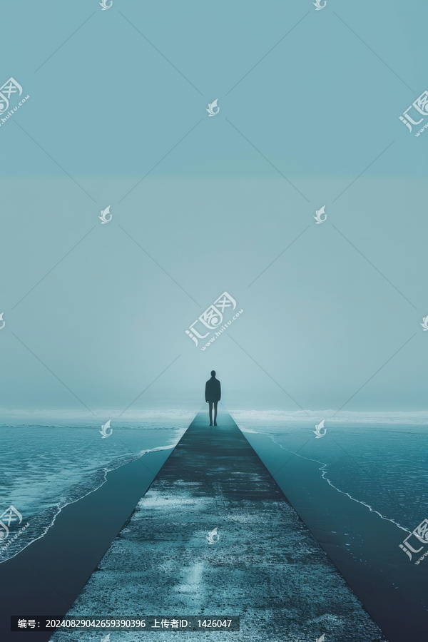 霧海碼頭上的孤獨身影
