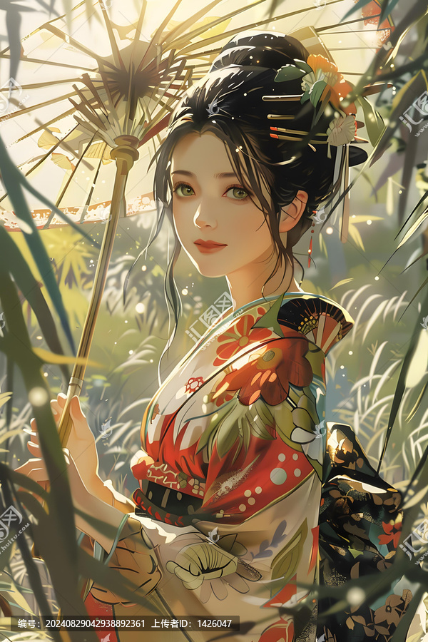 身穿和服撐傘的日本女子