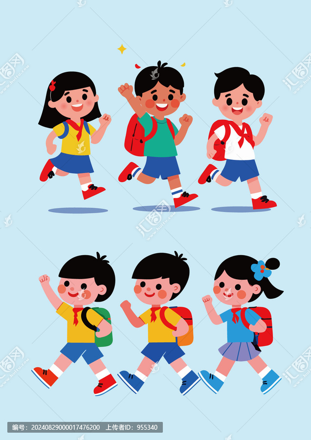 卡通男孩女孩小學(xué)生跑步上學(xué)