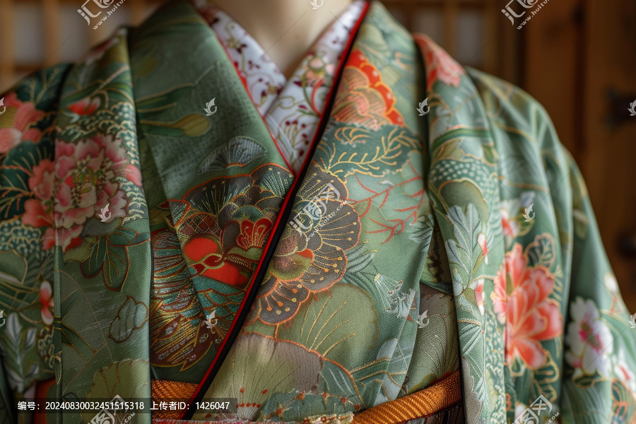 一件綠色印有花卉圖案的和服的特寫