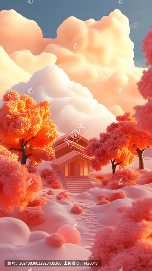 粉紅樹(shù)木和房屋的3D渲染景觀