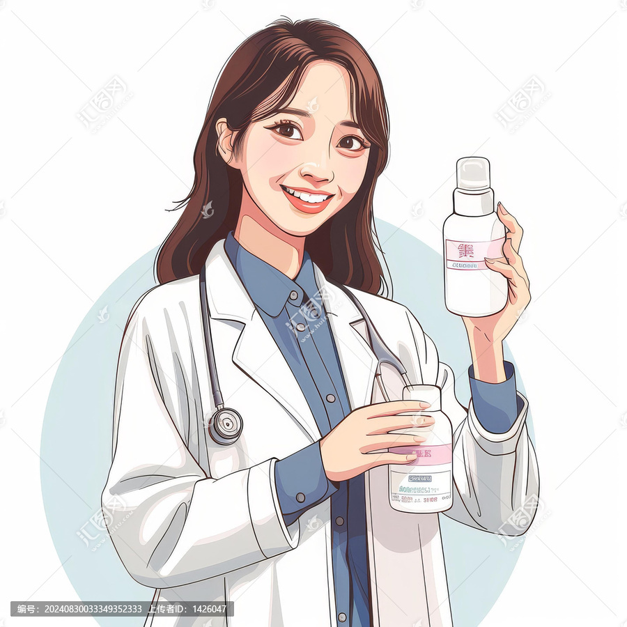 一位身穿白大褂的女醫(yī)生手拿一瓶藥