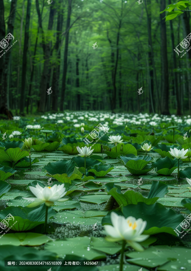 綠蔭池塘盛開(kāi)的白色蓮花
