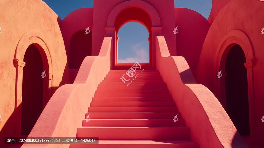 通往天空的粉紅色建筑樓梯
