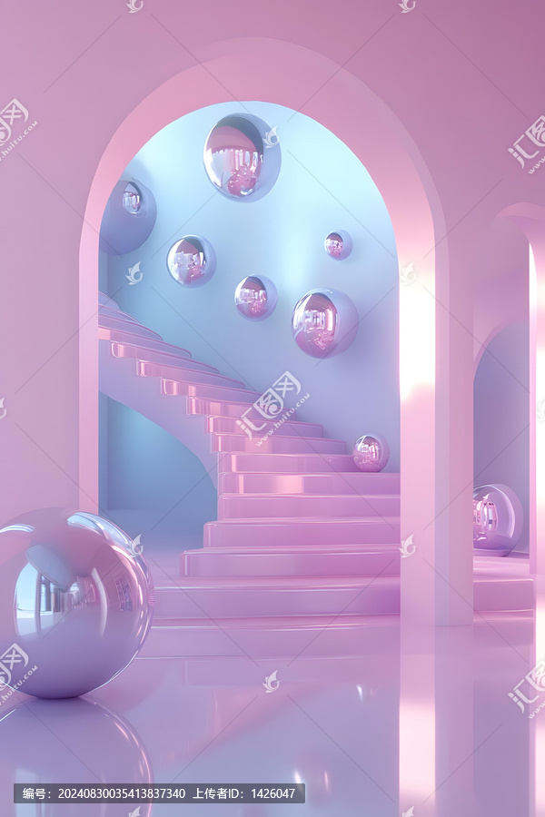 3D抽象粉色樓梯和圓形球體