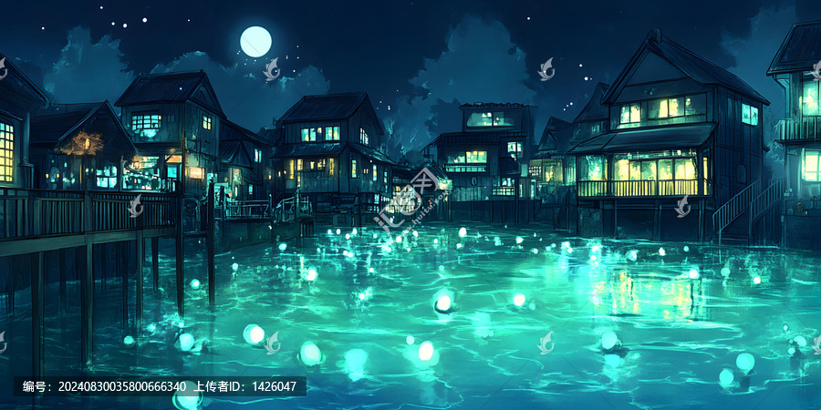 夜晚河邊房屋和燈籠的夢幻場景