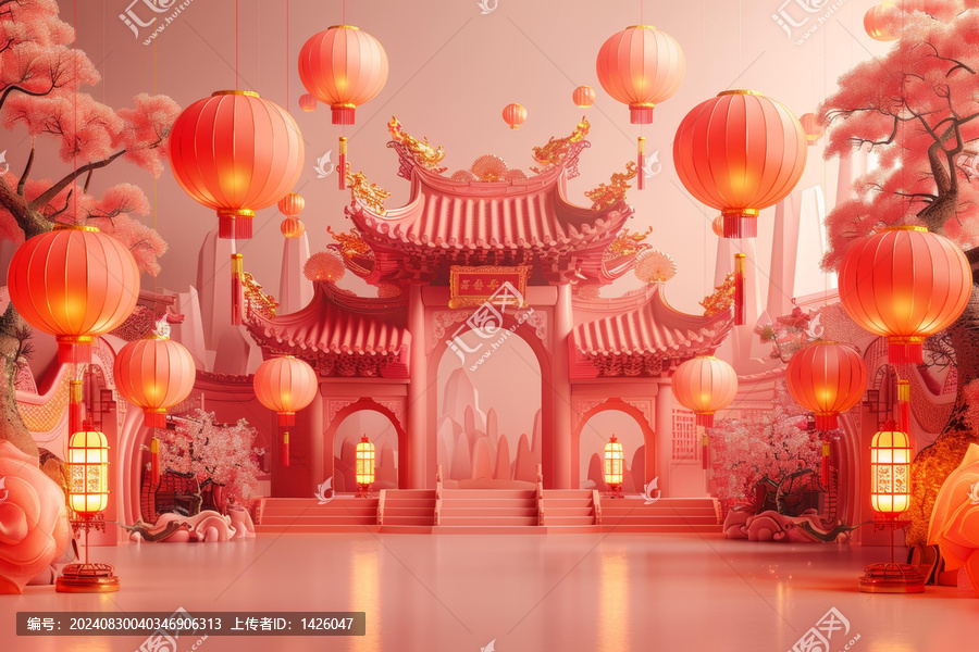 粉色的中國新年主題廟門