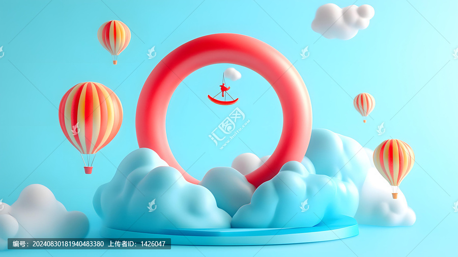 紅色圓形氣球云彩背景3D渲染