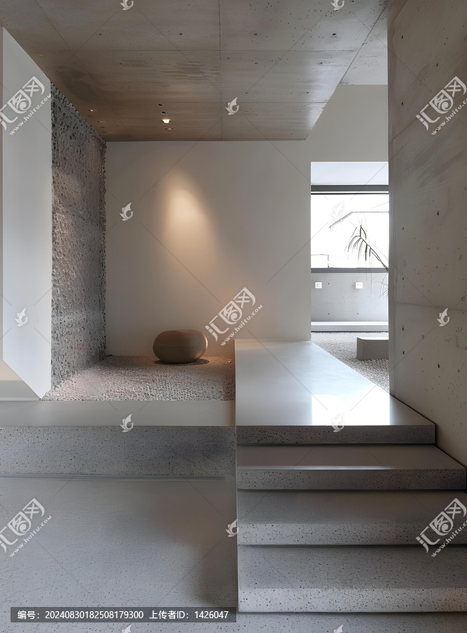 極簡主義的現(xiàn)代室內(nèi)設(shè)計，混凝土墻面和石材地板