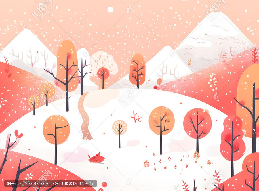 冬日雪景，雪山與紅鳥