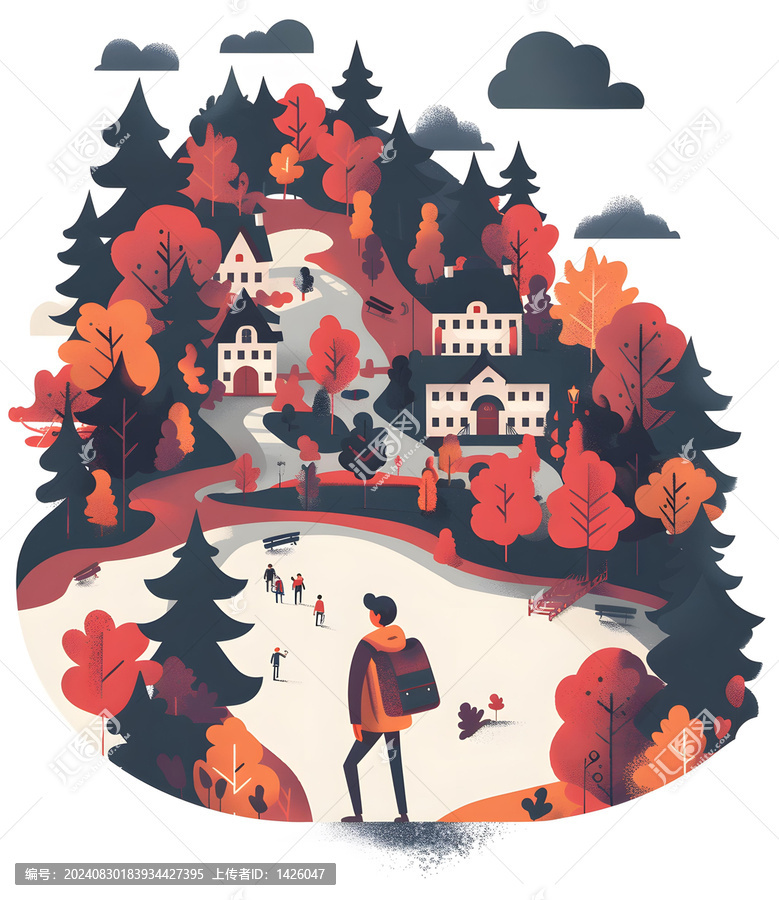 秋季樹林與建筑的風(fēng)景畫