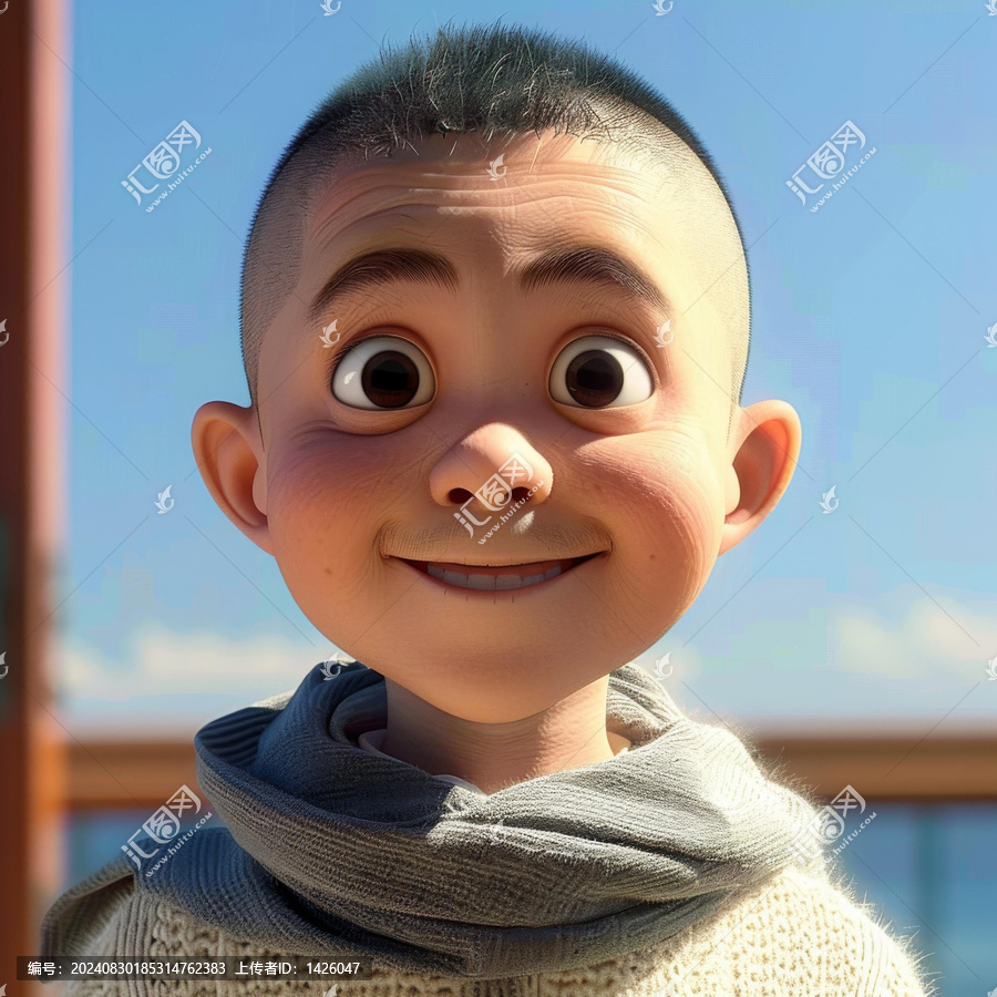 一個光頭小男孩的渲染圖他穿著圍巾眼睛很大