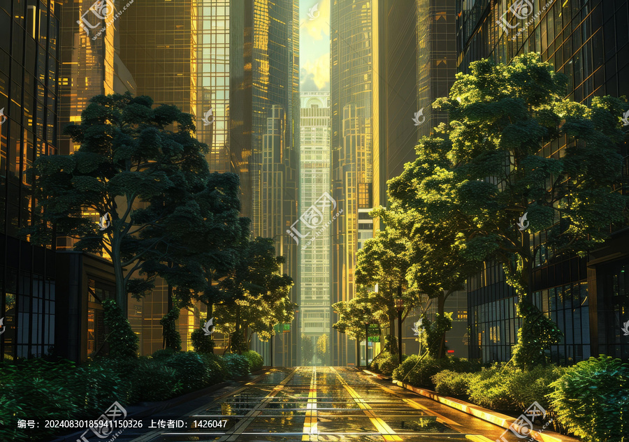 金色陽光下的未來城市街道