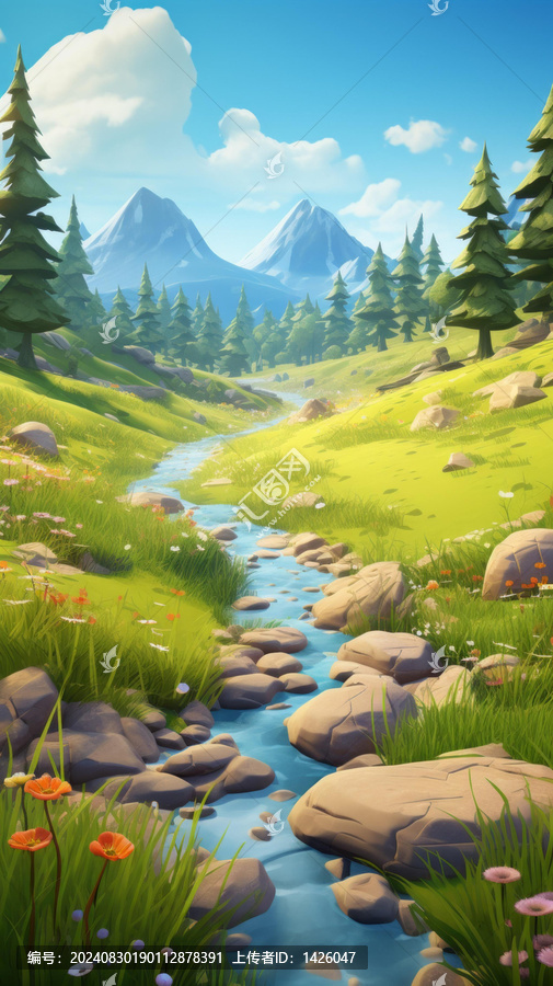 在山谷中流淌的河流背景是山脈