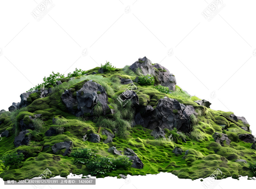 [免摳素材]綠色的苔蘚山石地貌，白色背景隔離