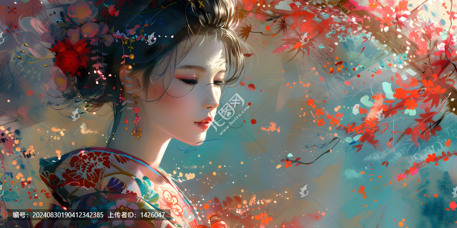 身著傳統(tǒng)和服的日本女性，背景是花卉