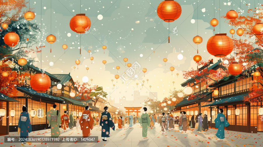 身穿和服的人和傳統(tǒng)房屋的日本街道場景